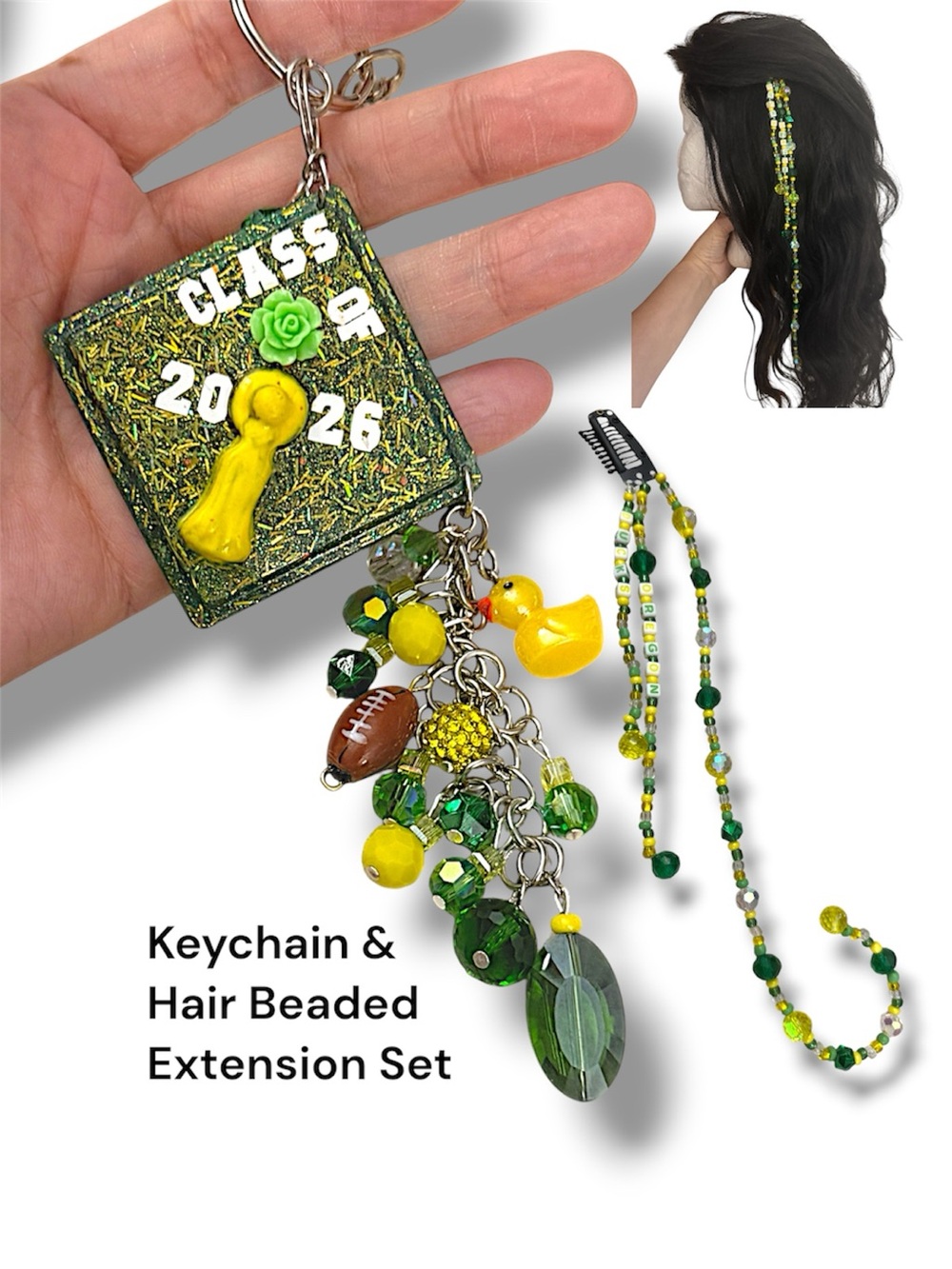 Graduation Keychain w/Glass Beaded Hair Extension Set, University of Oregon Grad